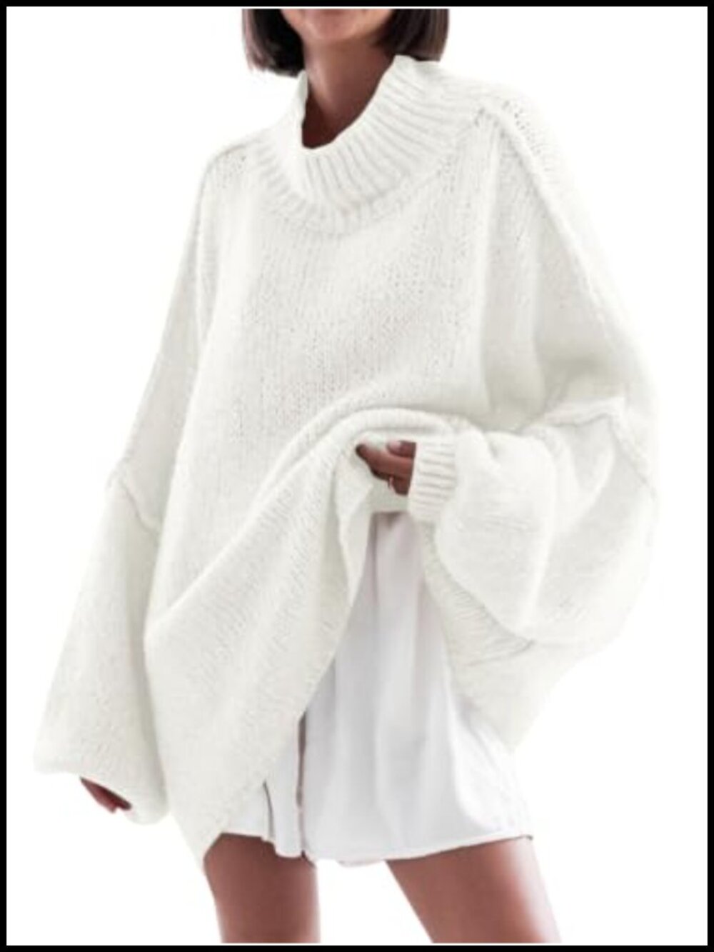 Womens Oversized Chunky Knit Mock Neck Batwing Sleeve Tunic Sweater